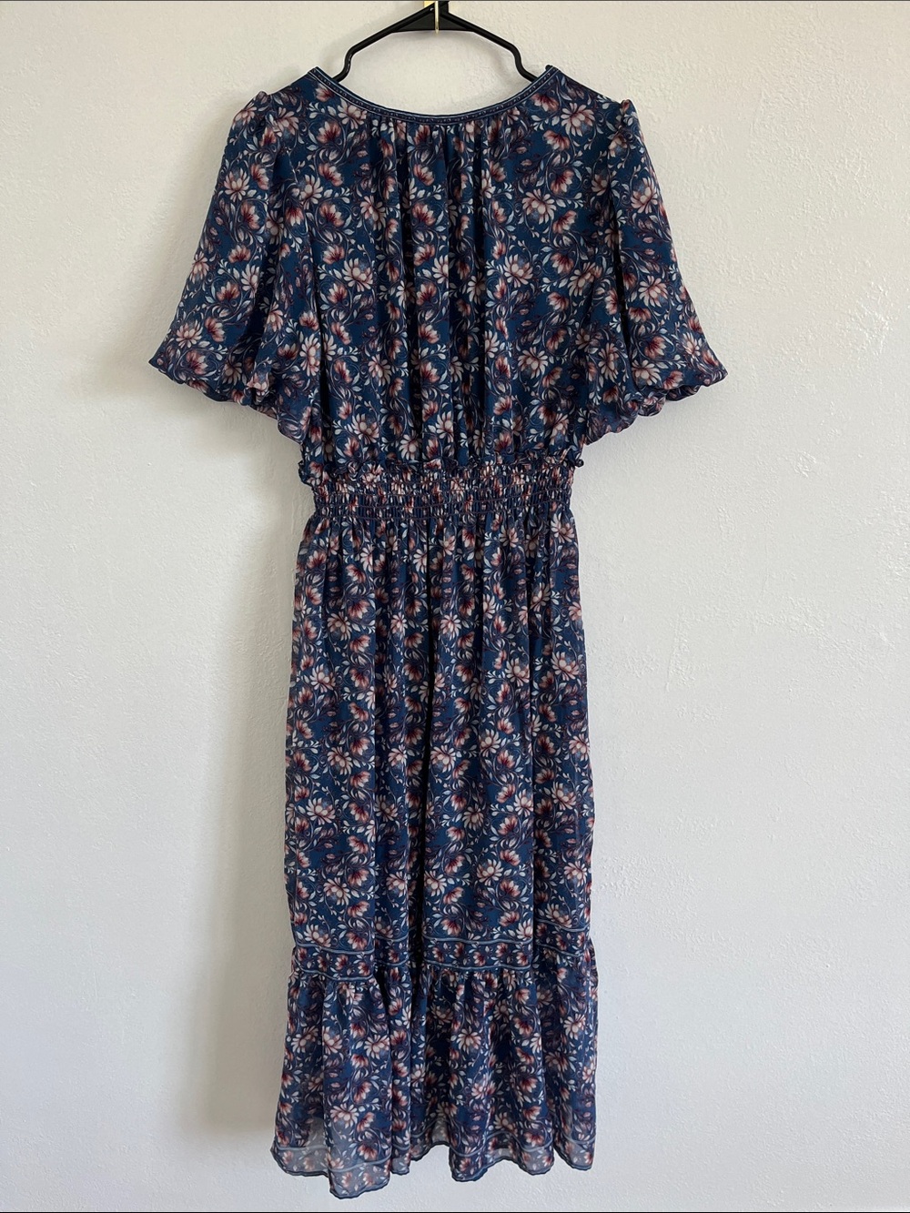 Max Studio Navy Floral Tiered Midi Dress with Puff Sleeves - Picture 6 of 6